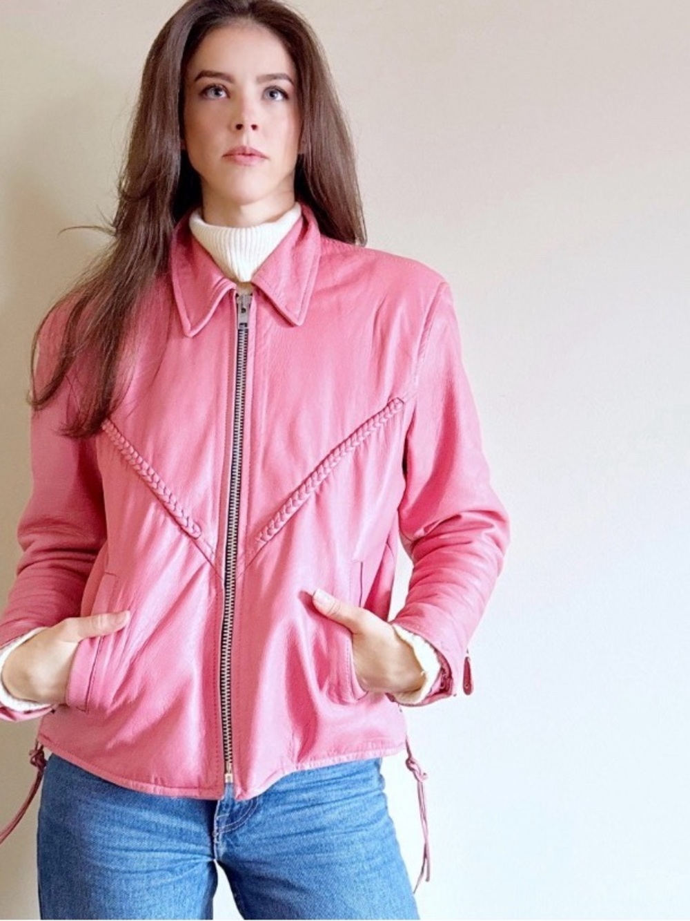 Vintage Pink Leather Zip-Front Jacket